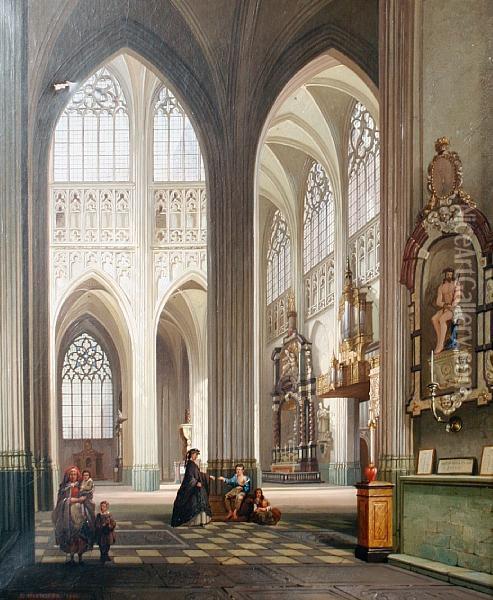 A Cathedral Interior Oil Painting - Joseph Maswiens