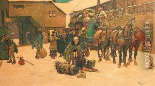 The Christmas Coach, The Arrival At The Inn Oil Painting - Cecil Charles Aldin
