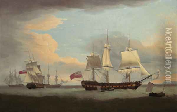 The East Indiaman Hindostan in company with Indian Trader, Ewretta and Nancy, ships employed in the Canada trade Oil Painting - Thomas Whitcombe