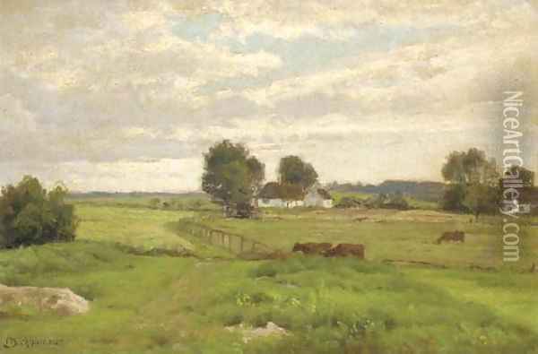 Cattle grazing in a meadow before a farmstead Oil Painting - Axel Birkhammer