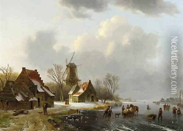 A winterlandscape with peasants on a frozen waterway, with farmhouses and a windmill beyond Oil Painting - Willem De Klerk