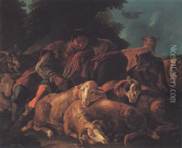 Herdsmen Resting With Sheep And Goats Oil Painting - Joseph Roos