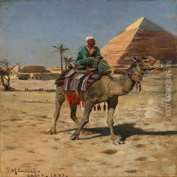 Bedouin Riding On Acamel Near A Pyramid Oil Painting - Peder Mork Monsted