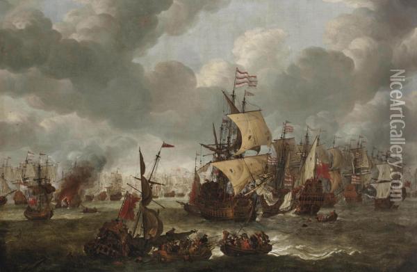 A Naval Engagement With Dutch And British Oil Painting - Jan Abrahamsz. Beerstraaten