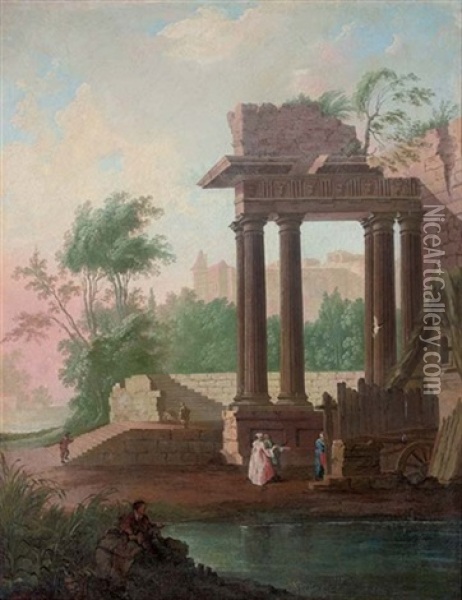 A Capriccio Of Classical Ruins With Elegant Company Conversing By A Mill And Anglers By A River Oil Painting - Hubert Robert