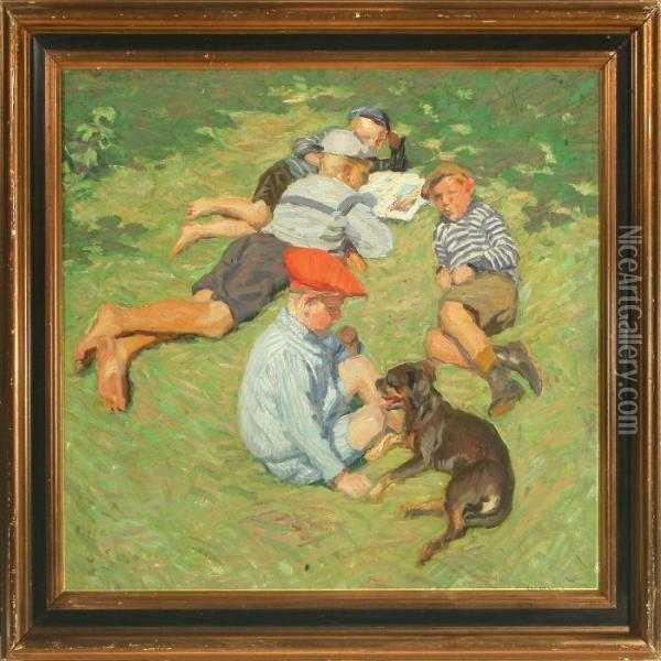 A Bunch Of Boys Sitting On The Grass Oil Painting - Marius Hammann