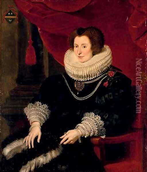 Portrait of a lady, believed to be Anna de Bourgeois (d. 1636), three-quarter-length, in a black dress with a fan, seated Oil Painting - Cornelis De Vos