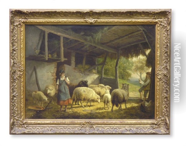 A Shepherdess And Her Flock Near A Barn Oil Painting - Frans Lebret