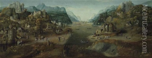 An Extensive Mountainous River Landscape With A Castle And Other Fortified Buildings, A Group Of Soldiers On The Bank And Other Figures Oil Painting -  Master of the Female Half Lengths