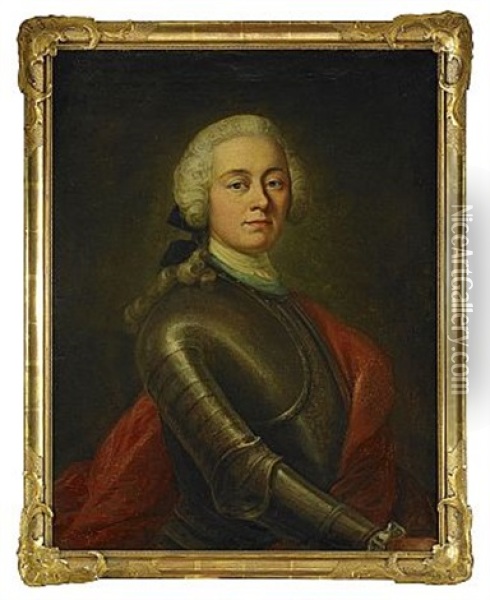 Portratt Av Faltmarskalken Greve Augustin Ehrensvard Ikladd Rustning Och Rod Mantel Oil Painting - Olof Arenius