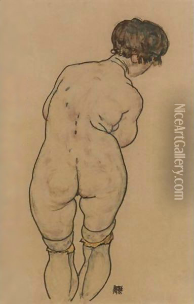 Stehender Weiblicher Ruckenakt (Standing Female Nude Seen From Behind) Oil Painting - Egon Schiele