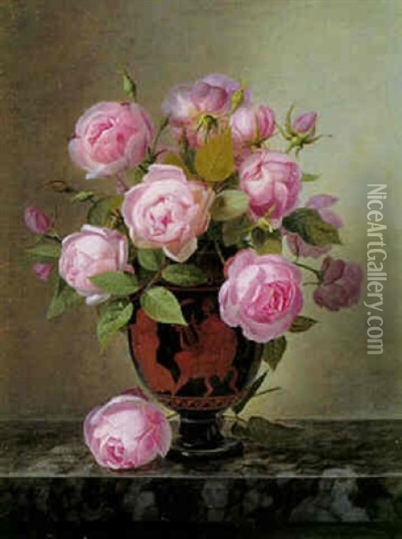 Graesk Vase Med Lyserode Roser Oil Painting - William Hammer