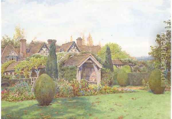 The gardens at Great Tangley Manor, near Guildford, Surrey Oil Painting - Ernest Arthur Rowe
