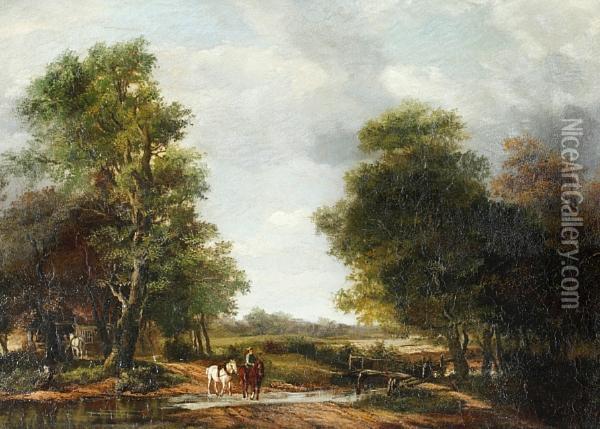 Woodland Scene With Figure And Horses Fording A Stream Oil Painting - James Stark