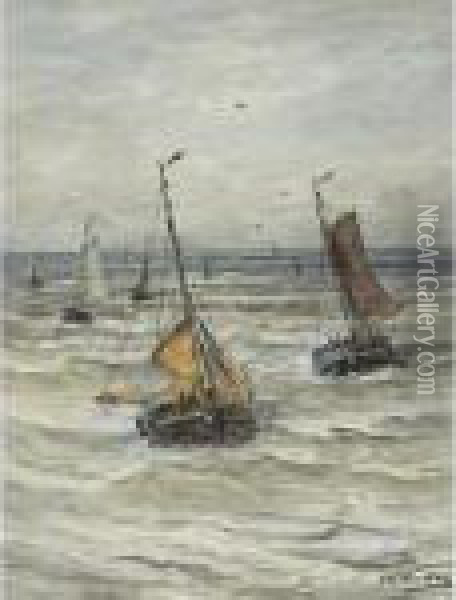 Sailboats On A Choppy Sea Oil Painting - Hendrik Willem Mesdag