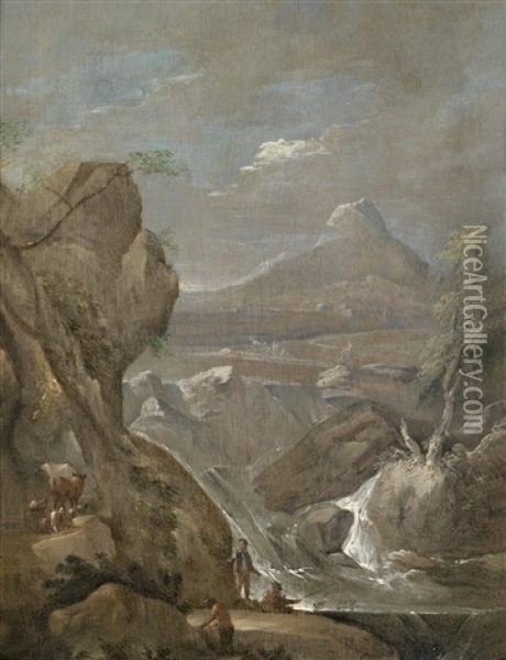 Gebirgslandschaft Mit Wasserfall Und Rastenden Hirten Oil Painting - Norbert Joseph Carl Grund