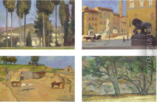 Cypress Trees, Italian Street Scene, Farm Scene, Trees: A Set Of Four Paintings Oil Painting - Lykourgos Lic Kogevinas /