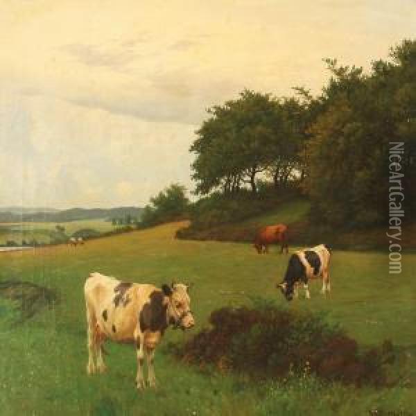 Summer Day With Grazing Cows Oil Painting - Poul Steffensen
