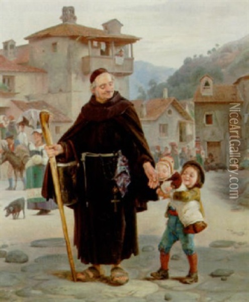 Italiensk Genrescene Med Svobelsebarn, Der Kysser En Munks Hand Oil Painting - Vilhelm Rosenstand