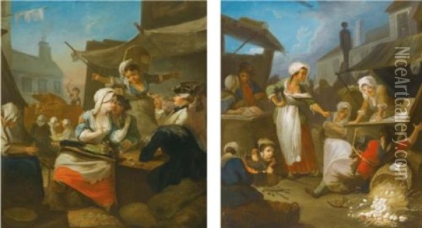 A Country Market Scene With Peasants Drinking Beside A Tavern; A Country Market Scene With Women Fighting Over An Overturned Basket Of Eggs (pair) Oil Painting - Jean-Baptiste Charpentier the Elder