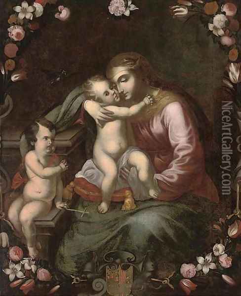 The Madonna and Child with the Infant Saint John the Baptist surrounded by a floral cartouche Oil Painting - Neapolitan School