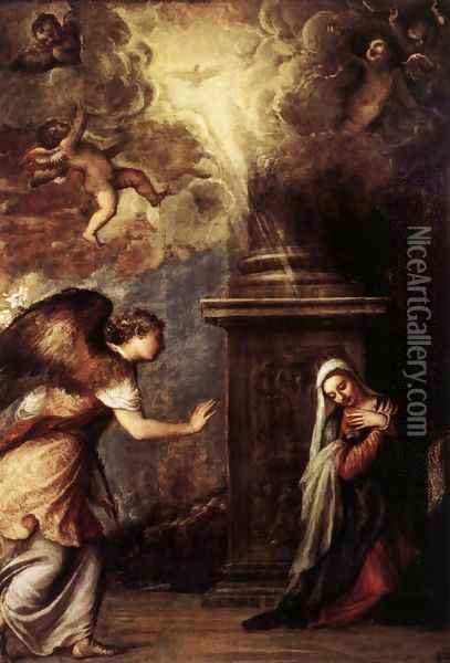 The Annunciation 2 Oil Painting - Tiziano Vecellio (Titian)