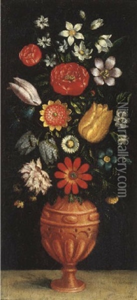 Tulips, Roses, Carnations And Other Flowers In A Vase On A Stone Ledge Oil Painting - Ludger Tom Ring the Younger