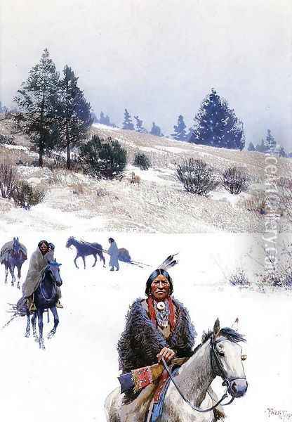 Indians in Winter - Moving Camp Oil Painting - Henry Farny