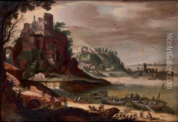 Paysage De Riviere Avec Le Temple De La Sybille De Tivoli Oil Painting - Willem van Nieulandt the Younger