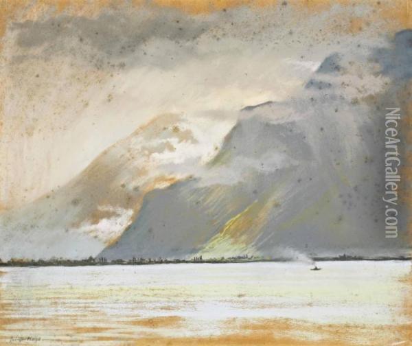 Montagne Sur L'eau Oil Painting - Georges-Victor Hugo