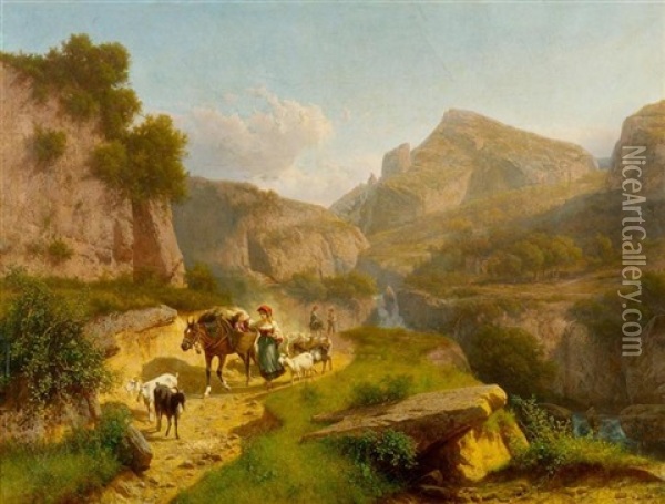 Hirten Mit Herde Auf Einem Bergpfad Oil Painting - Andras Marko