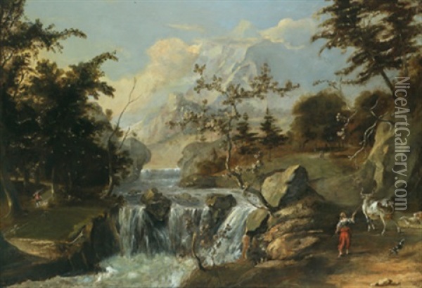 Gebirgslandschaft Mit Wasserfallen Und Einer Hirtenszene Oil Painting - Giuseppe Antonio Pianca