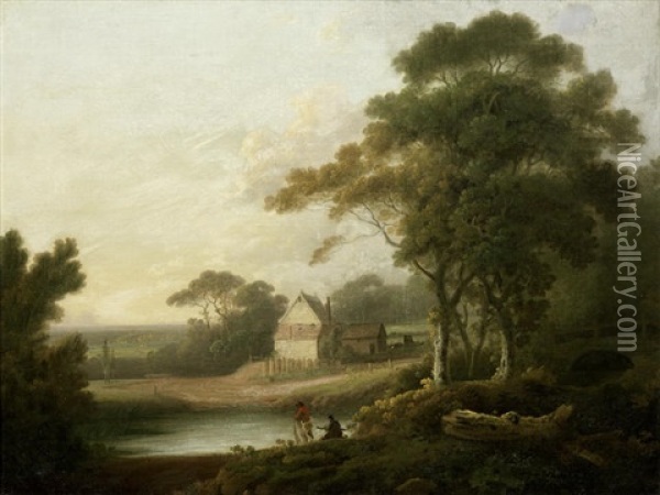 Figures In A River Landscape, A Farmhouse Beyond Oil Painting - John Rathbone