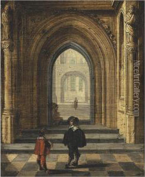 Church Interior With Figures Oil Painting - Jan van Vucht