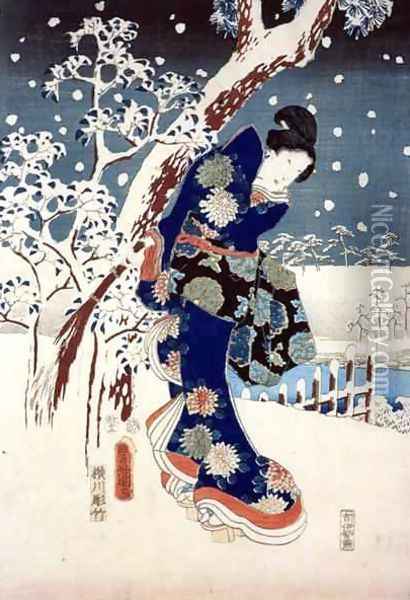 Snow Scene in the Garden of a Daimyo part of Triptych Oil Painting - Utagawa or Ando Hiroshige