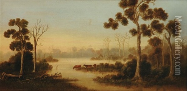 Cows And Misty Morning Oil Painting - William Short Sr.