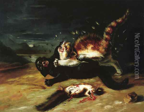 Two Cats Fighting Oil Painting - John James Audubon