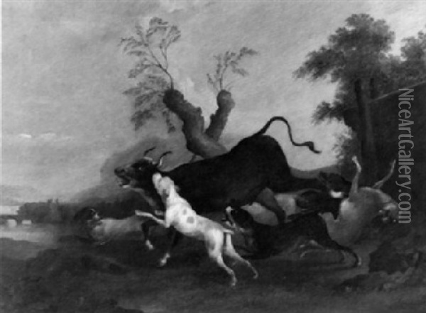 Hounds Chasing A Bull In A Mountainous Landscape Oil Painting - Adriaen Cornelisz Beeldemaker