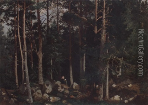 To Smapiker I Skogen Oil Painting - Niels Bjornsen Moller