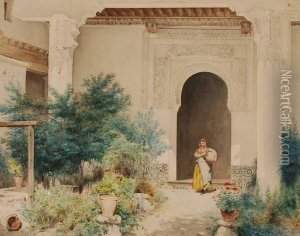 Girl Carrying A Water Flagon To A Well In A Spanish Courtyard Oil Painting - Jose Arpa Y Perea