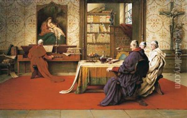 Monche In Der Bibliothek Der Musik Lauschend Oil Painting - Richard Linderum
