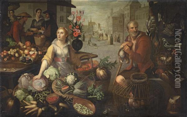 A Town Market, With Fruit, Vegetable And Poultry Stalls Oil Painting - Jean Baptiste de Saive
