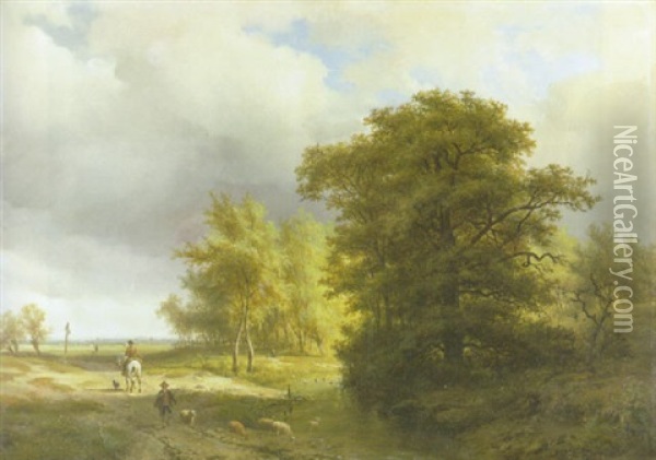 Weite Baumbestandene Landschaft An Einem Bachlauf Oil Painting - Francois Auguste Ortmans