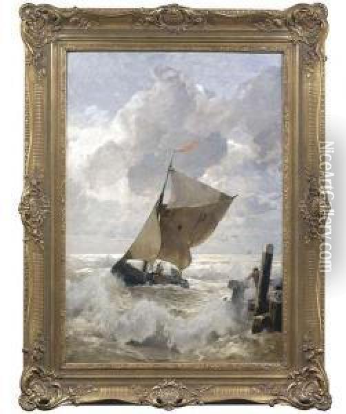 Schonleber, Gustav. Fishing Boat In Rough Sea Oil Painting - Gustav Schonleber