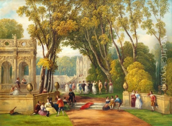 Elegant Figures In The Gardens Of A Palace Oil Painting - George Henry Andrews
