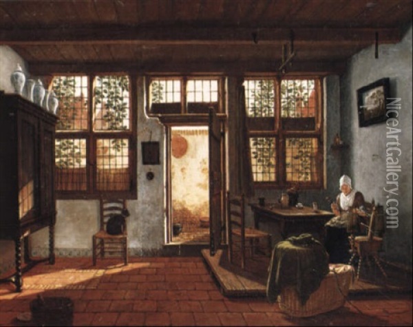 Interior With A Woman Spinning Oil Painting - Carel Lodewyk Hansen