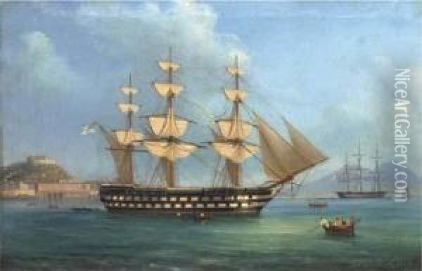 H.m.s. Cressy Lying At Anchor Off Naples Oil Painting - de Simone Tommaso