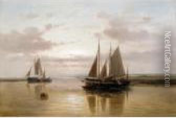 Shipping In A Calm At Sunset Oil Painting - Abraham Hulk Jun.