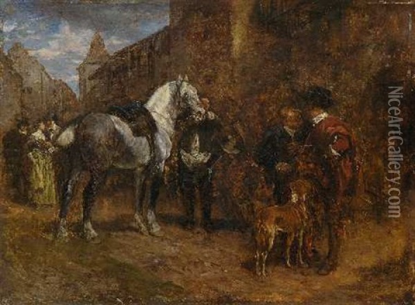 Stadtszene Mit Herren Und Schimmel Oil Painting - Wilhelm Von Diez
