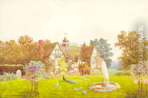 A country house with a peacock and doves on the lawn Oil Painting - James Matthews